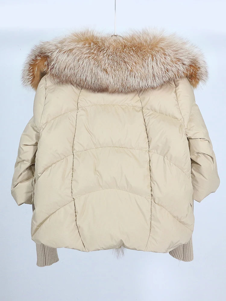 OFTUBY 2023 White Duck Down Jacket Winter Women Warm Loose Coat Natural Real Fox Fur Collar Thick Luxury Outerwear New Fashion