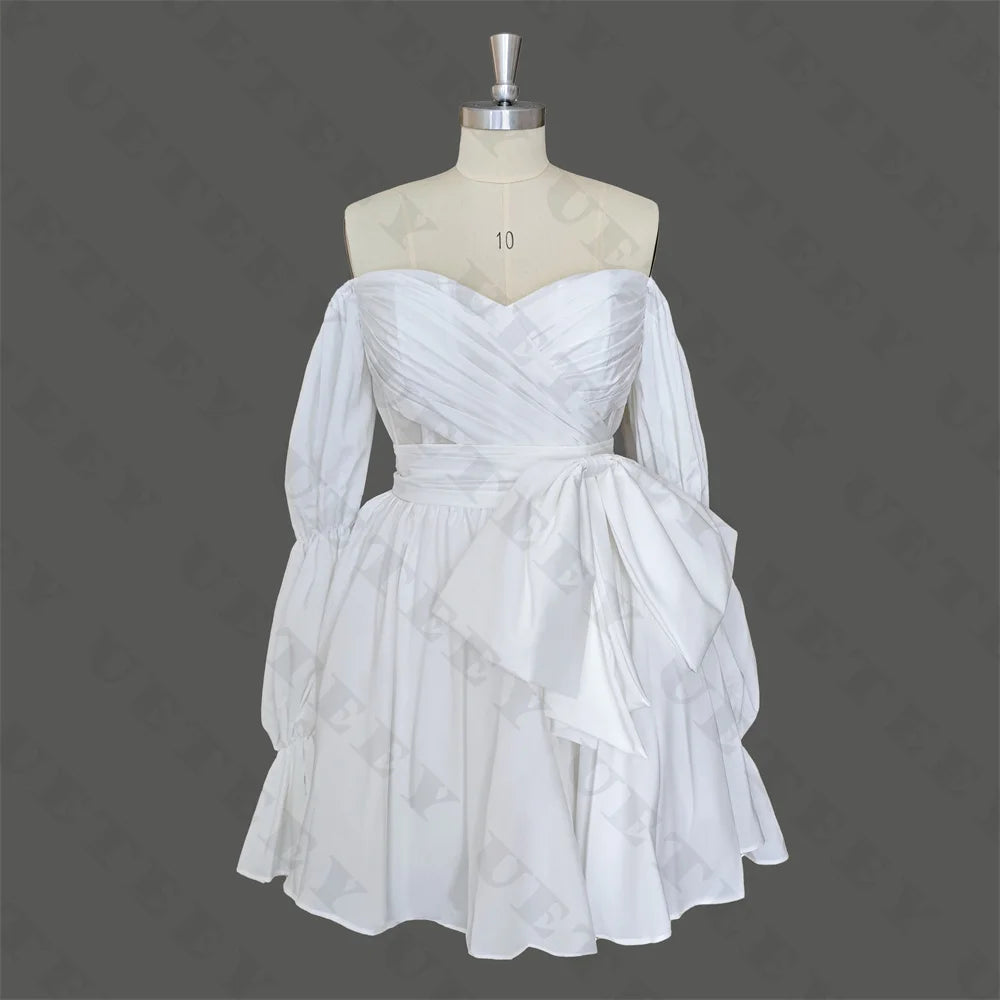 UETEEY Customized V Neck Off Shoulder Puff Sleeves Crepe A Line Mini Wedding Dress Pleats Zipper Back Above Knee Bridal Gown