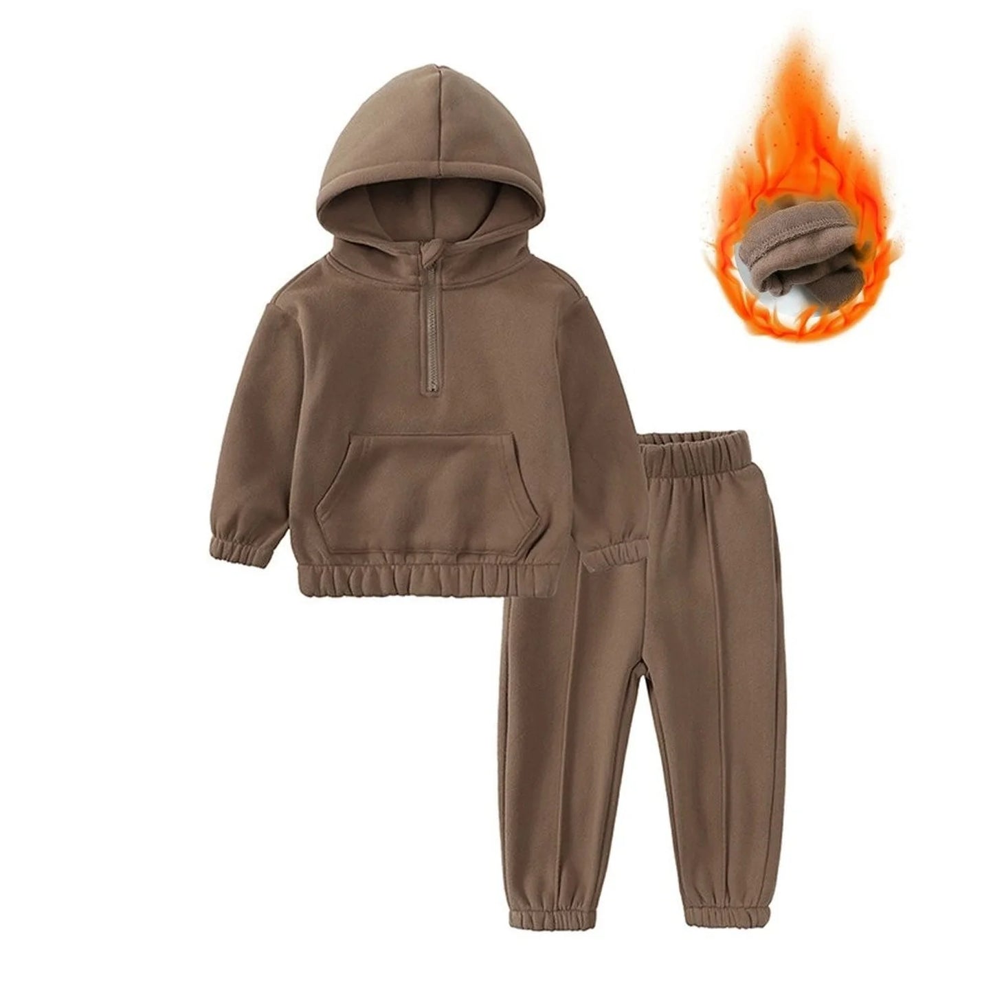 2Pcs Kids Boys Girls Winter Solid Warm Suits Children Cotton Fleece Hooded Sweater Sweatpants Set Toddler Tracksuit Sportsuit
