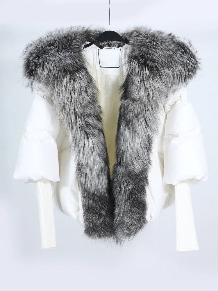 OFTUBY 2023 White Duck Down Jacket Winter Women Warm Loose Coat Natural Real Fox Fur Collar Thick Luxury Outerwear New Fashion