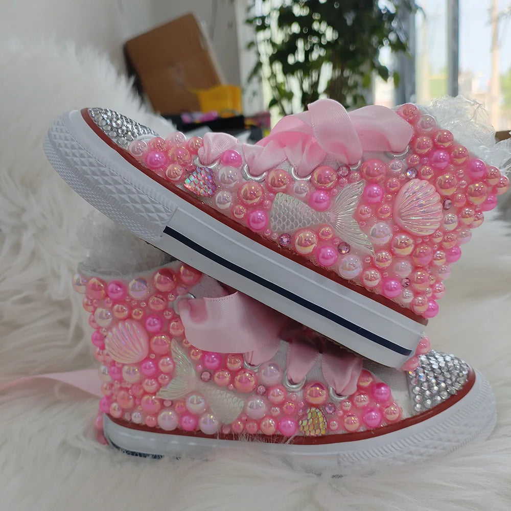 Handmade Rhinestones Bling Girls Womens Kids And Mother Candy Canvas Shoes Pearls Sneakers For Girl Birthday Party Wedding