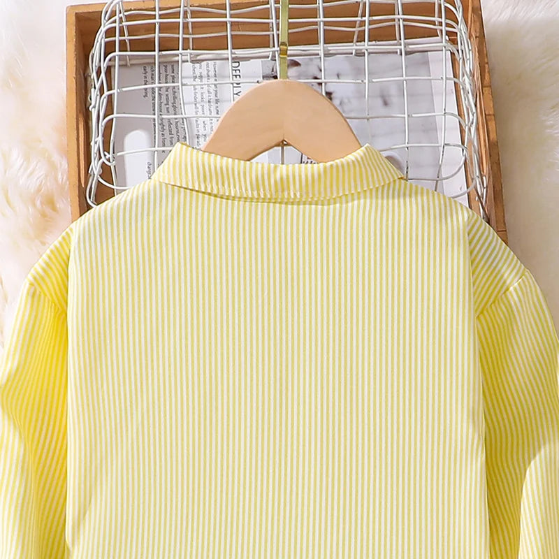 Spring Hot Sale Kids Outfit 4-12 Years Girls Striped Long Sleeve Chemise + Casual Loose Straight Leg Pants Shirt Suit 2Pcs Set