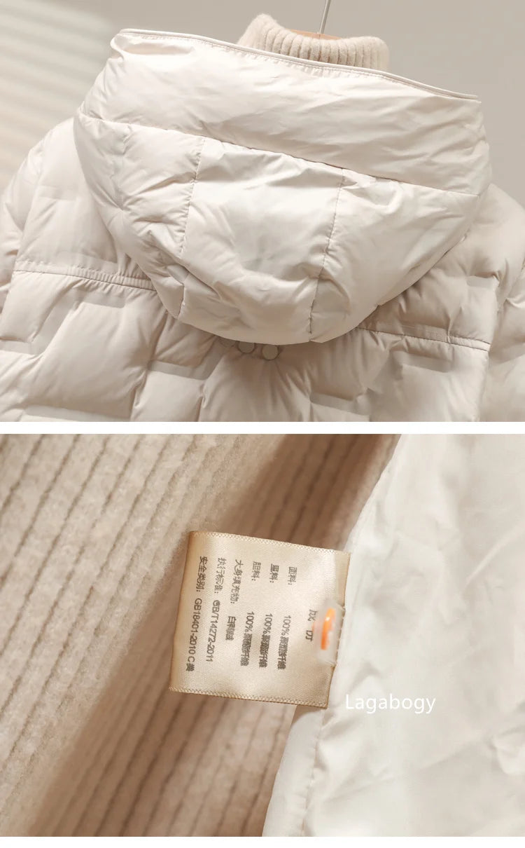 Lagabogy 2025 Autumn Winter Women White Duck Down Coat Casual Single Breasted Hooded Jacket Female Light Puffer Parka Outwear