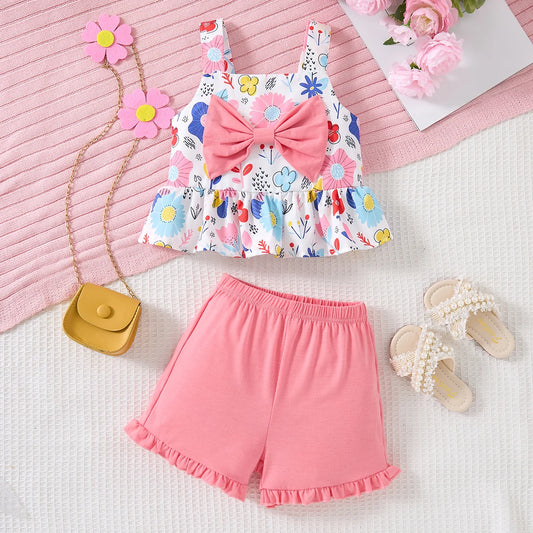 2-8 Years Old Children Girls Sets Sling Floral Printing Top & Shorts Suits Summer Children's Fashion Suit Casual Clothing