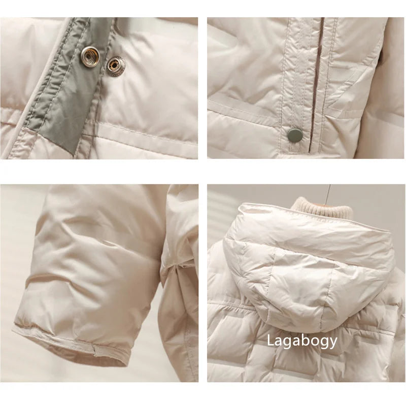 Lagabogy 2025 Autumn Winter Women White Duck Down Coat Casual Single Breasted Hooded Jacket Female Light Puffer Parka Outwear