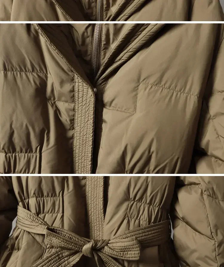 2024 New Winter Women White Duck Down Long Jacket With Belt Female Thick Warm Coat Luxury Slim Parka Hooded Outerwear