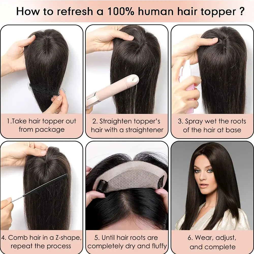 Human Hair Topper Silk Top Remy European Hair Straight Silk Base Full Hand tied Soft Breathable Hair Piece Clips for Women