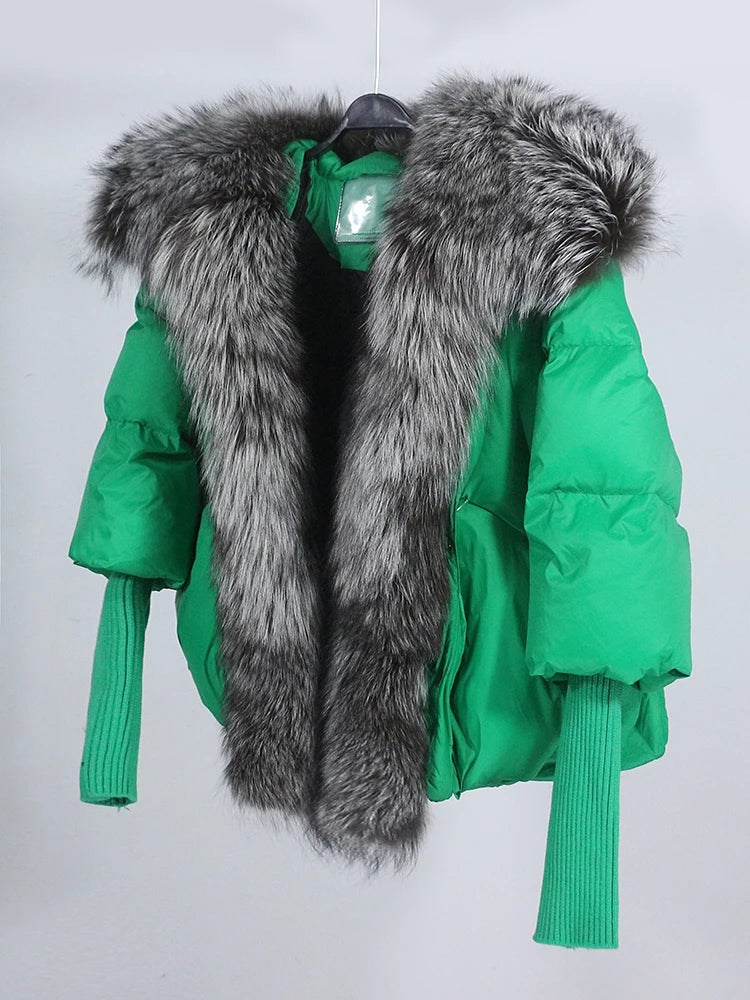 OFTUBY 2023 White Duck Down Jacket Winter Women Warm Loose Coat Natural Real Fox Fur Collar Thick Luxury Outerwear New Fashion