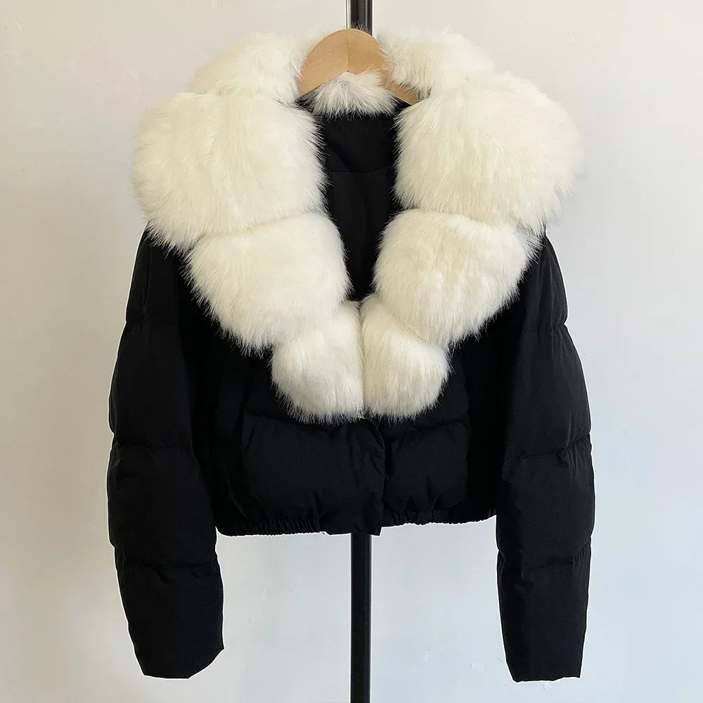 Faux Fur Collar Puffer Jacket Fashion Fake Fur Women Fur Coat Eco-friendly Winter Short White Duck Down Jacket Warm Clothing