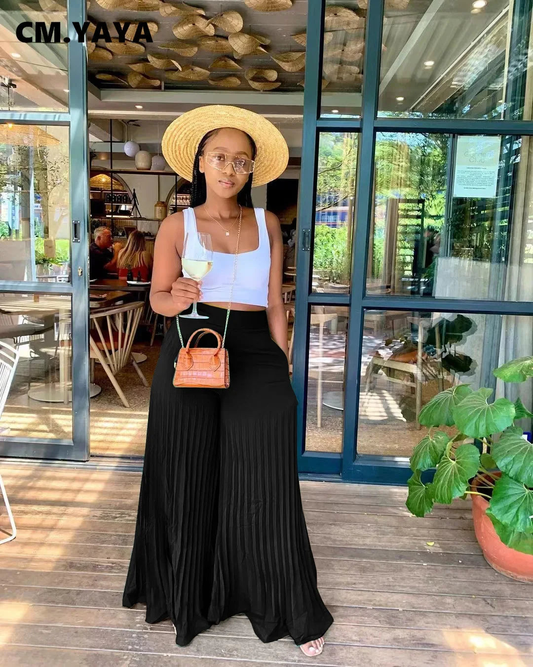 CM.YAYA Elegant Wide Leg Straight High Waist Pleated Pants  Women 2022 Summer New Beach Holiday Boho Trousers