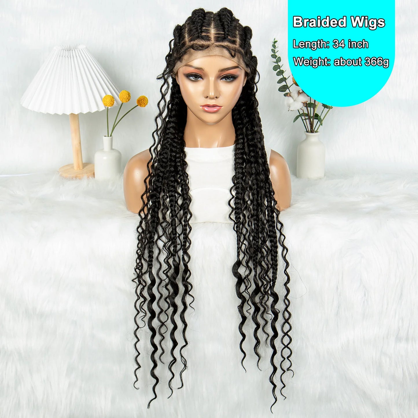 Cornrow Braided Wigs with Curly Ends Knotless Lace Frontal Braids Wig Synthetic Full Lace Braided Wigs with Baby Hair for Women