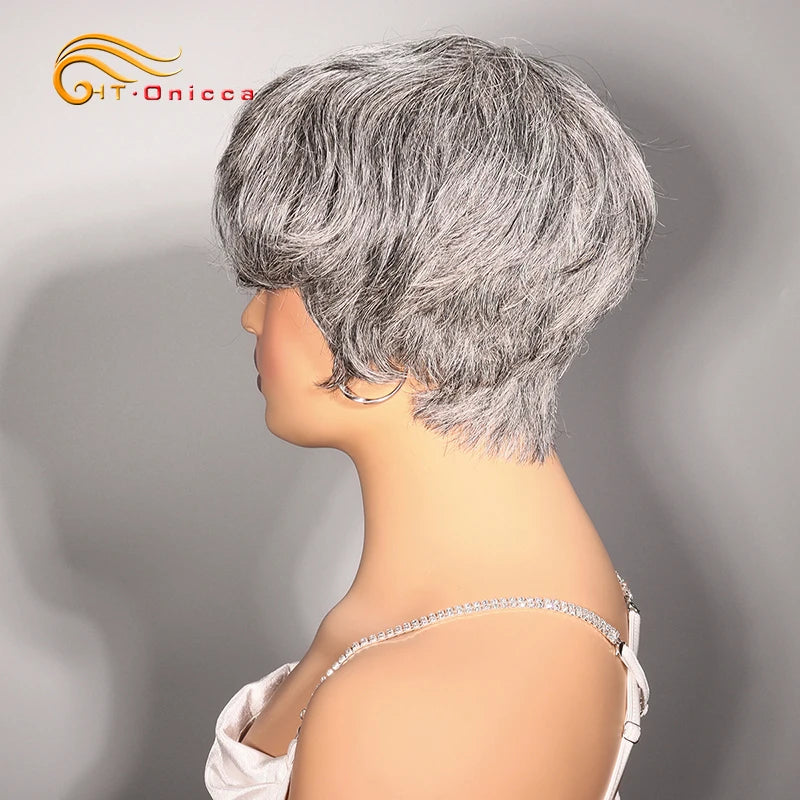 Grey Human Hair Wigs Short Pixie Cut Wig Human Hair For Black Women Machine Made Wigs With Bangs Colored Short Bob Wigs