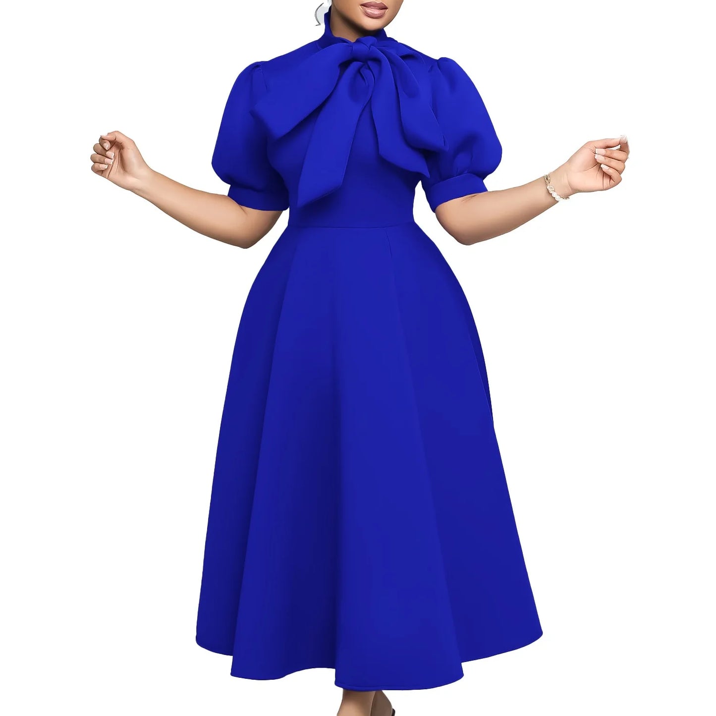 Elegant Party Dresses for Woman 2024 Luxury Bow Collar Short Sleeve High Waisted A Line Pleated Ankle Length Birthday Party Robe