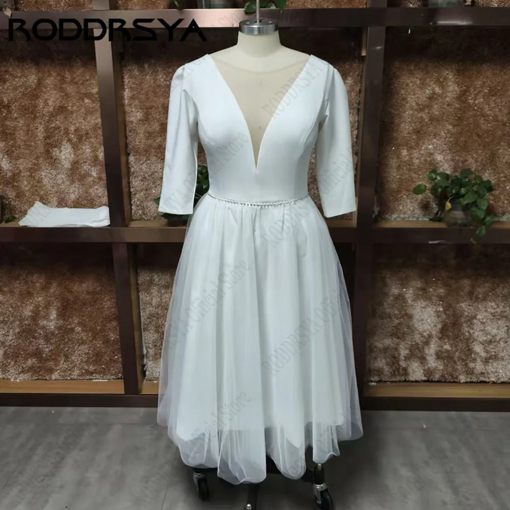RODDRSYA Elegant Wedding Dresses For Bride Simple Ankle Length Bridal Gowns A-Line V-Neck 3/4 Sleeves Simple Short Robes Mariee