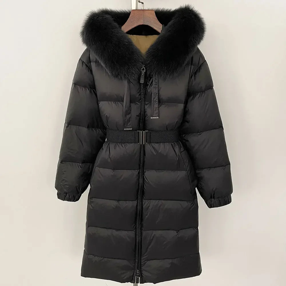 New Winter 2024 Warm 90 White Duck Down Coat Female Cold Lady Real Fur Coat Women Hooded Long Natural Fox Fur Puffer Jacket