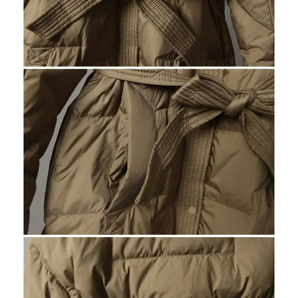 2024 New Winter Women White Duck Down Long Jacket With Belt Female Thick Warm Coat Luxury Slim Parka Hooded Outerwear