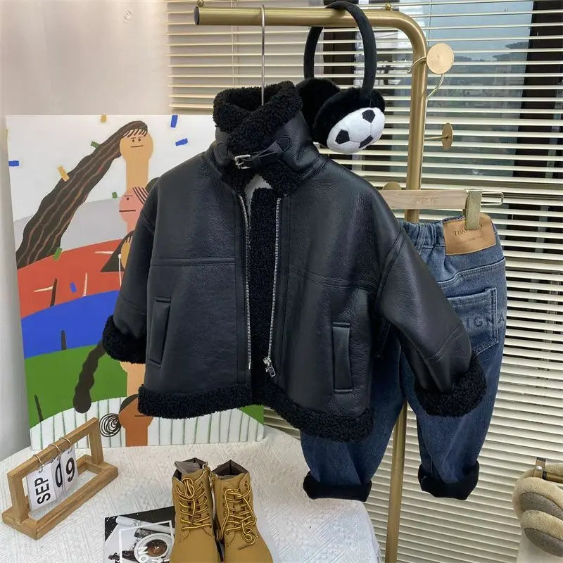 Autumn Winter Boys New Fashion PU Leather Jacket Keep Warm Thicken  Winter Coats PU Leather  Girls Warm Fleece Jacket