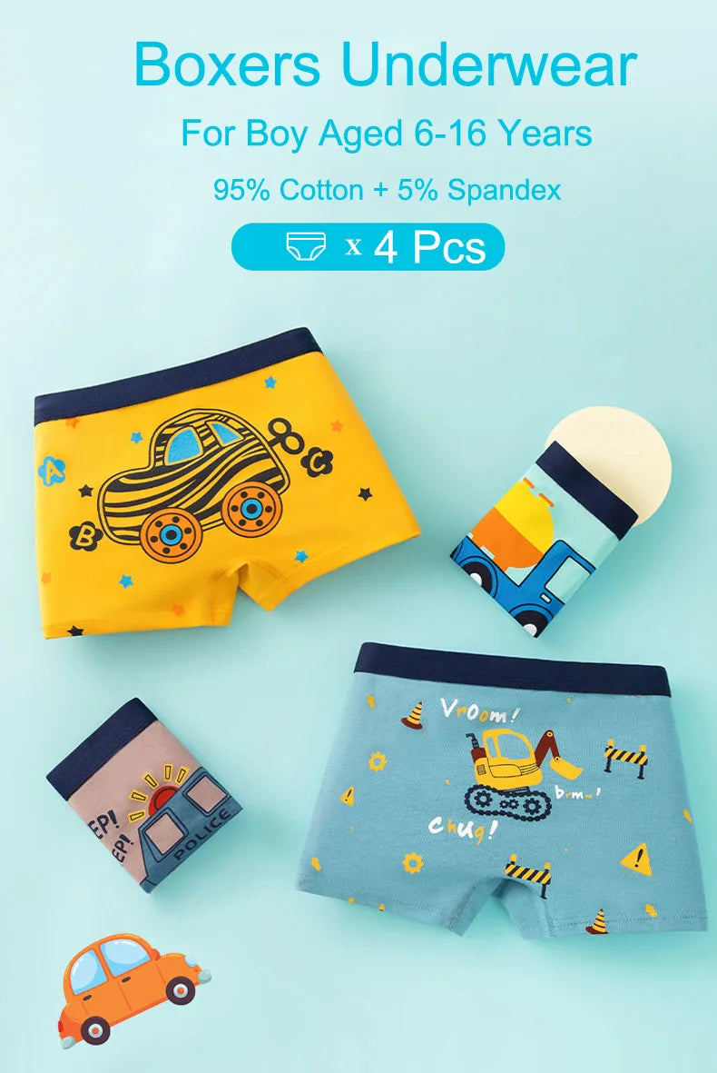 4 Pcs/Lot Children Panties Cotton Underwear For Boys 3-14 Years Breathable Kids Underpants Cars Patterns Cartoon Boy Boxer Brief