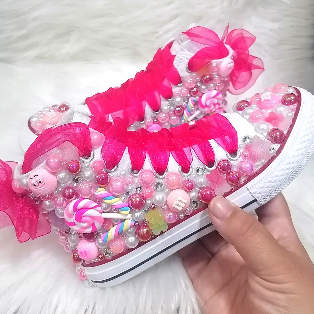 Handmade Rhinestones Bling Girls Womens Kids And Mother Candy Canvas Shoes Pearls Sneakers For Girl Birthday Party Wedding