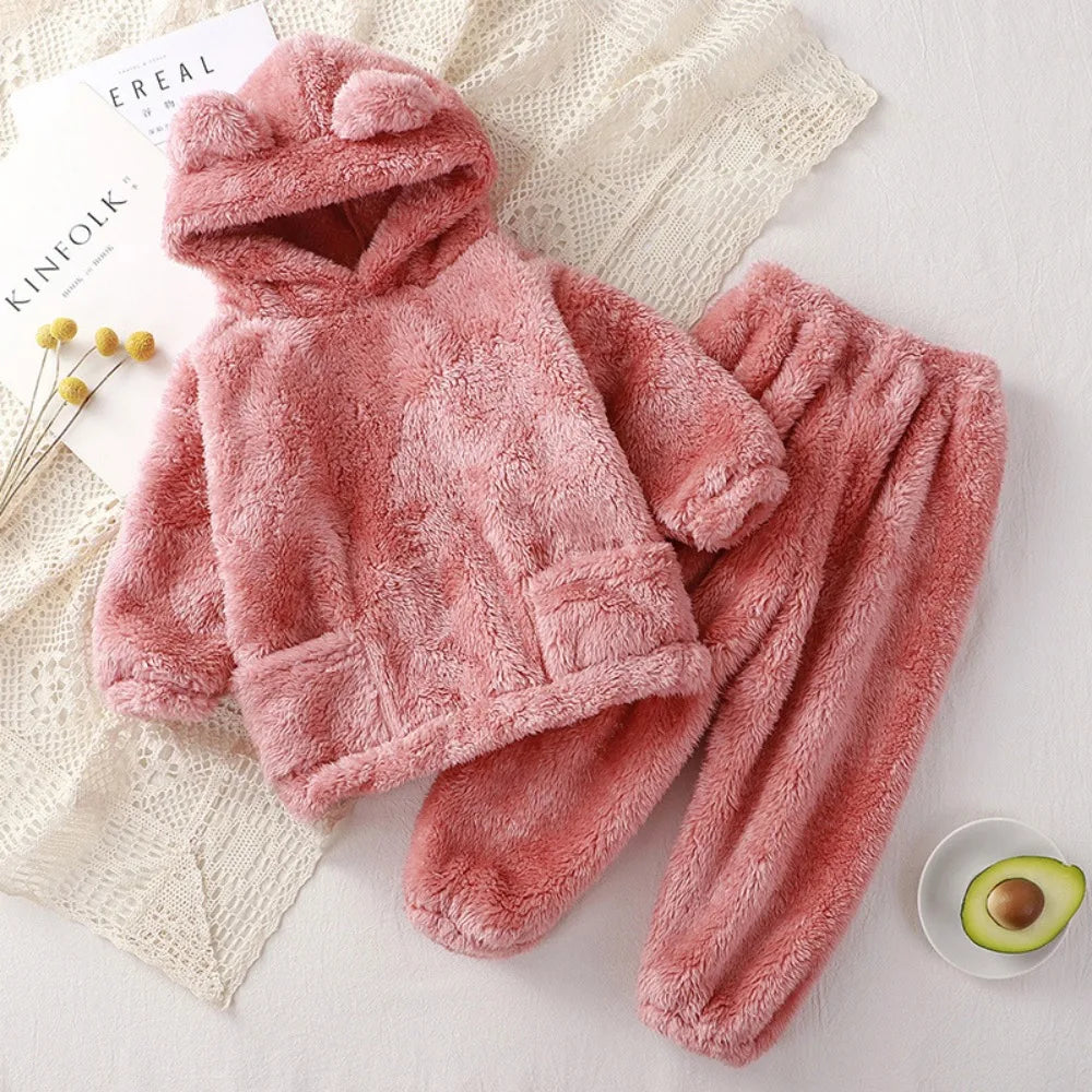 Girls Clothes New Autumn and Winter Teddy Bear Hooded Pocket Long Sleeved Pajamas+Pants Two-piece Home Warm Children's Clothing