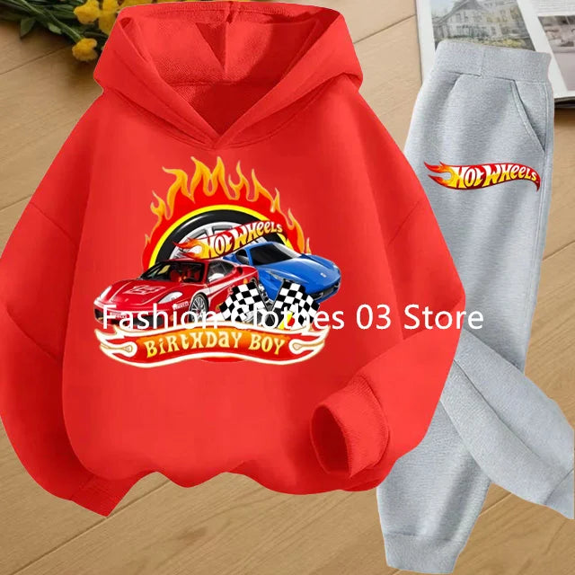 Fashion Sweatshirt Casual Sportswear Kids Clothing Hot Wheels Car Game Printed Hoodie Coat 3-12 Yrs Boys Girls Toddler Top+pants