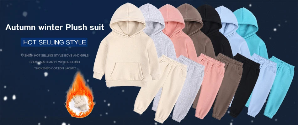 2-12 years old children's clothing winter new boys and girls' fleece sweater suit hooded Plush sportswear children's suit