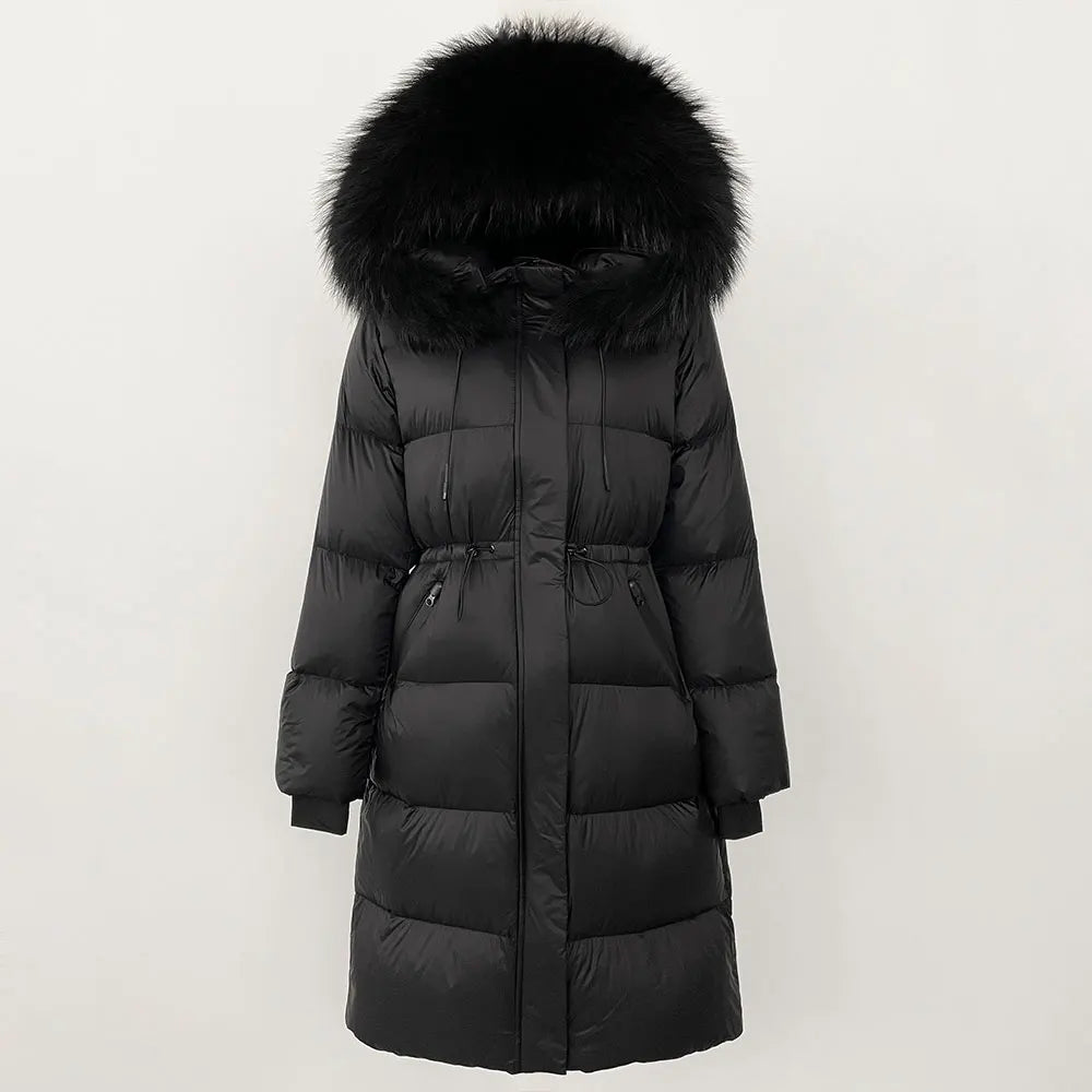 2024 Winter New  Casual Fashion Slim Warm Jacket Female White Duck Down Real Fox Fur Real Raccoon Fur Long Hooded Coat Women