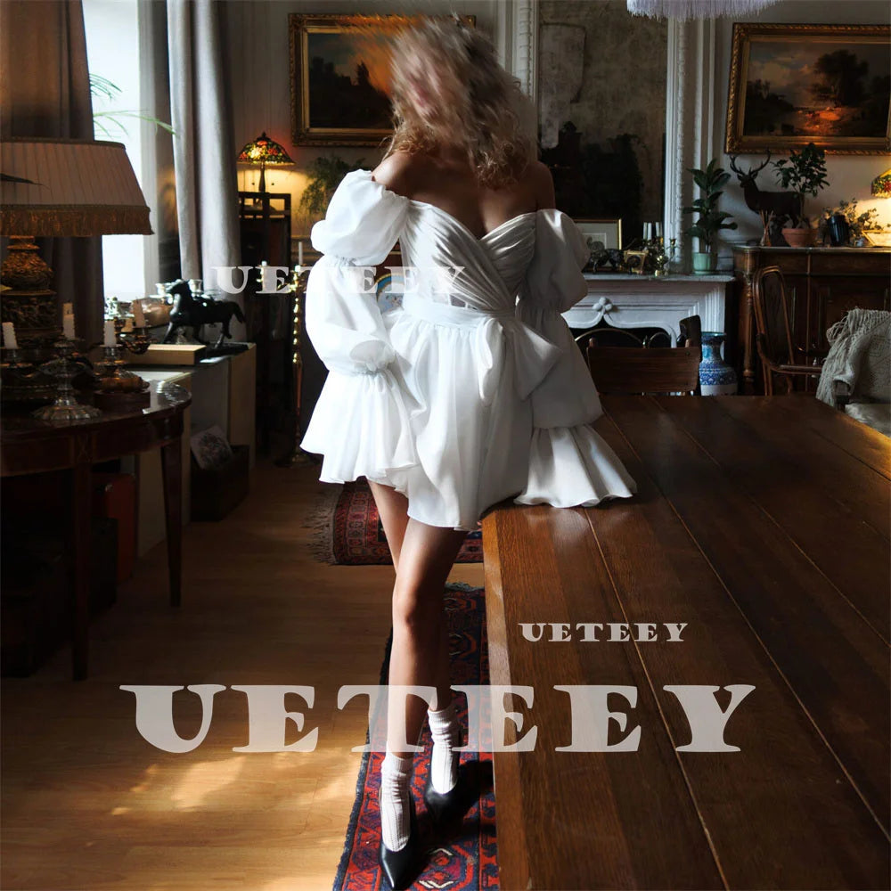 UETEEY Customized V Neck Off Shoulder Puff Sleeves Crepe A Line Mini Wedding Dress Pleats Zipper Back Above Knee Bridal Gown