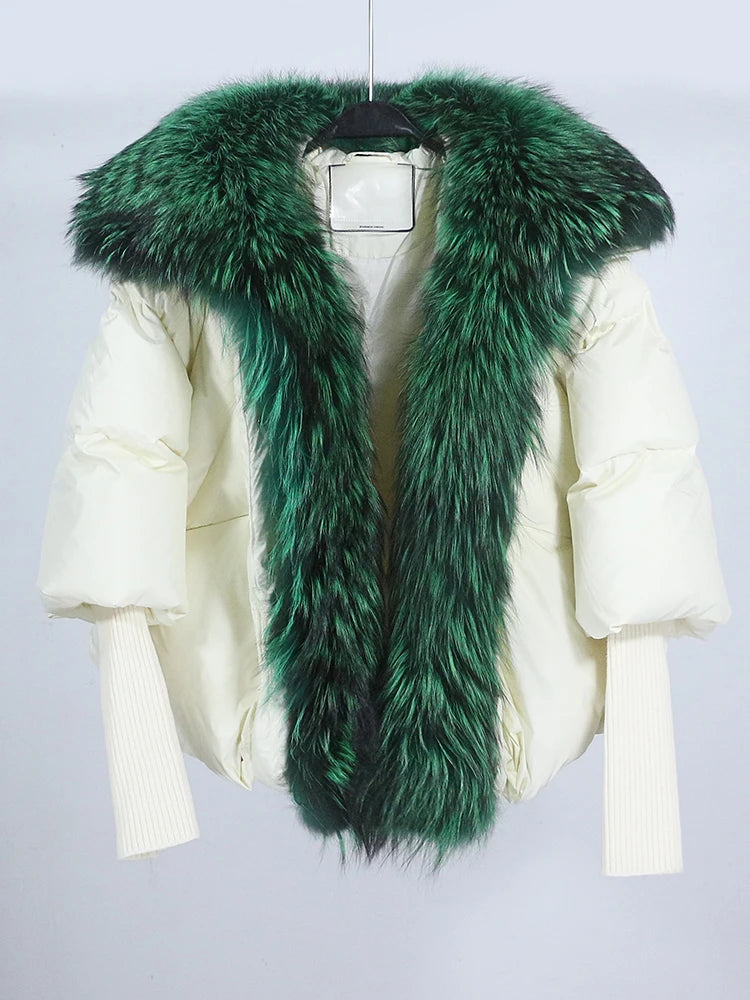 OFTUBY 2023 White Duck Down Jacket Winter Women Warm Loose Coat Natural Real Fox Fur Collar Thick Luxury Outerwear New Fashion