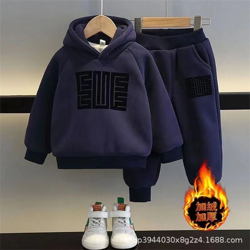 Winter Boys Padded Sets Children's Thicken Suit Autumn Fleece Hooded Sweatshirt Sweatpants 2 Pieces Kids New Warm Outfit