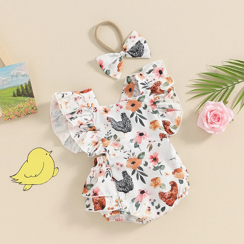 Baby Girl Summer Western Clothes Cow Print Ruffled Fly Sleeve Square Neck Romper with Bow Headband 2PCS Outfit for Infants