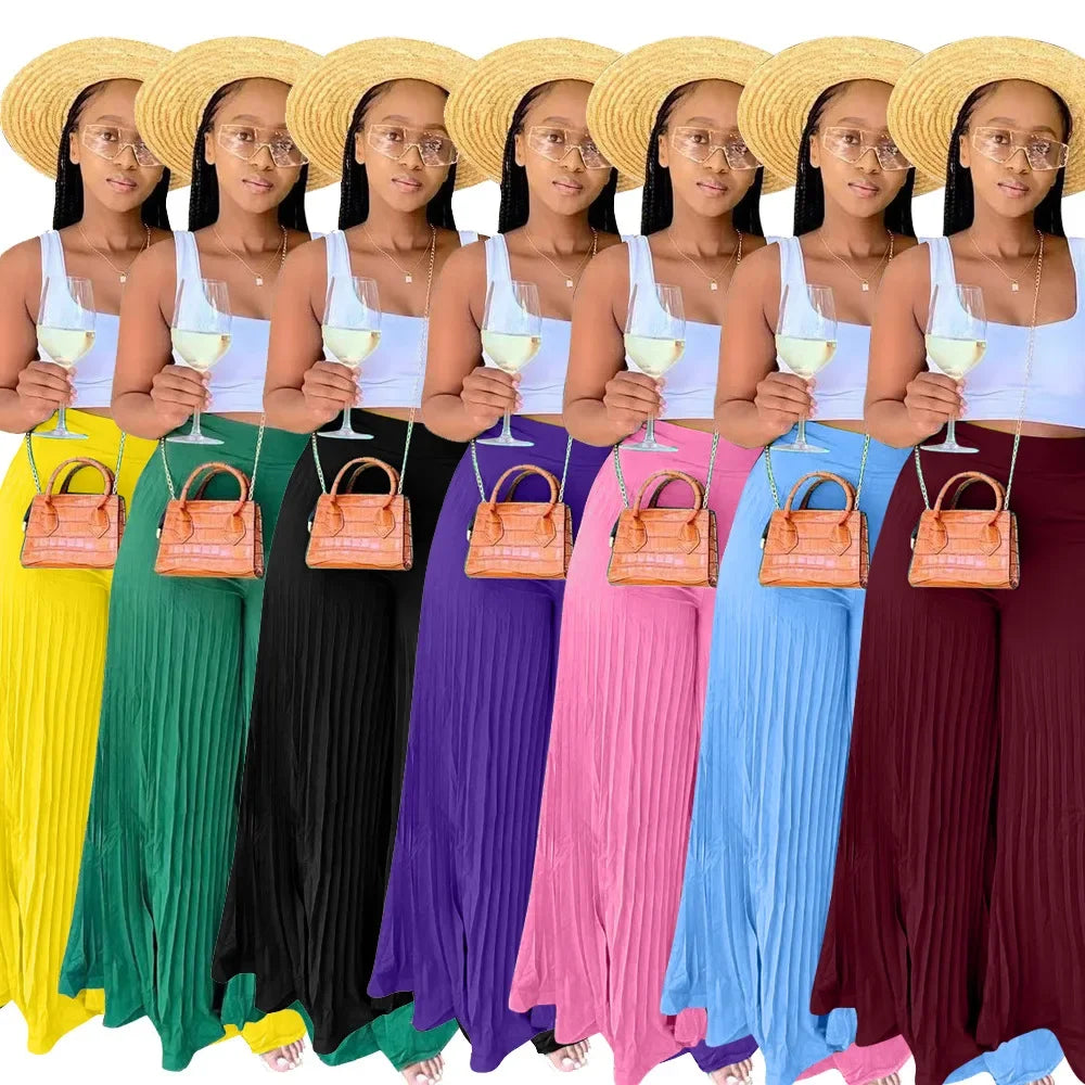 CM.YAYA Elegant Wide Leg Straight High Waist Pleated Pants  Women 2022 Summer New Beach Holiday Boho Trousers