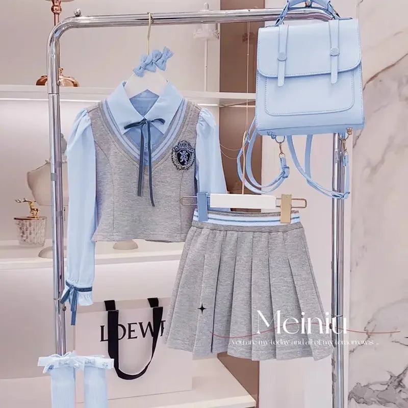 Children's Clothing Sets Fake Two Pieces Blouse + Pleated Skirt Kids Clothes Girls 4 To 15years Skirt Sets Baby Girl Outfit Set