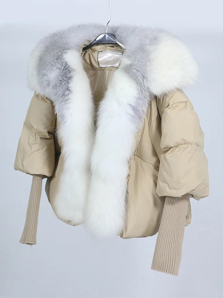 OFTUBY 2023 White Duck Down Jacket Winter Women Warm Loose Coat Natural Real Fox Fur Collar Thick Luxury Outerwear New Fashion