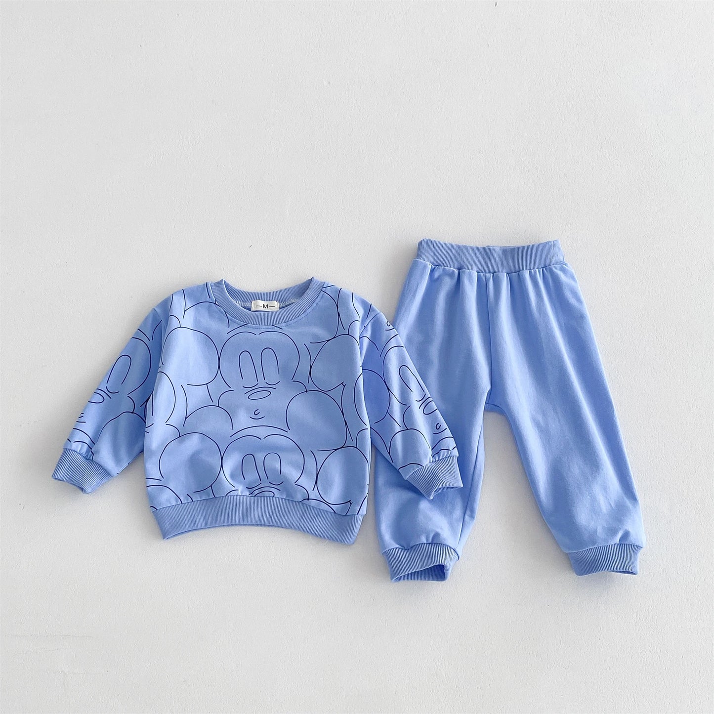 0-3Age Child Clothing Full Print Sweatshirts Solid Color Pants New Cartoon Hoodie All-match Pants Outer Wear Kids Two Piece Set