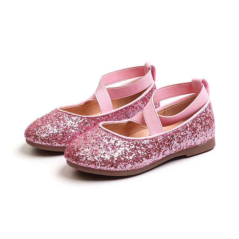 Princess Glitter Leather Girls Shoes Soft Comfortable Shiny Sequined Kids Shoes Sweet Wedding Dress Party Flats Mary Jane Shoes