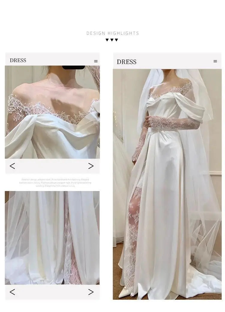 Satin Wedding Dresses With Small Train Vintage Lace Bride Dress A-line Full Sleeve Boho Wedding Gowns Vestido  Noiva Customized