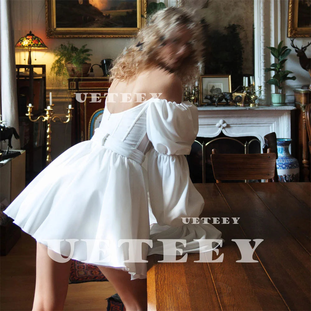 UETEEY Customized V Neck Off Shoulder Puff Sleeves Crepe A Line Mini Wedding Dress Pleats Zipper Back Above Knee Bridal Gown