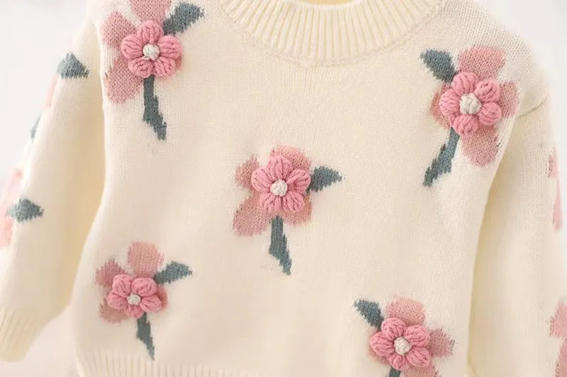 2-7 year old children's clothing autumn winter new girl cute little flower baby knitted pullover children's sweater base shirt