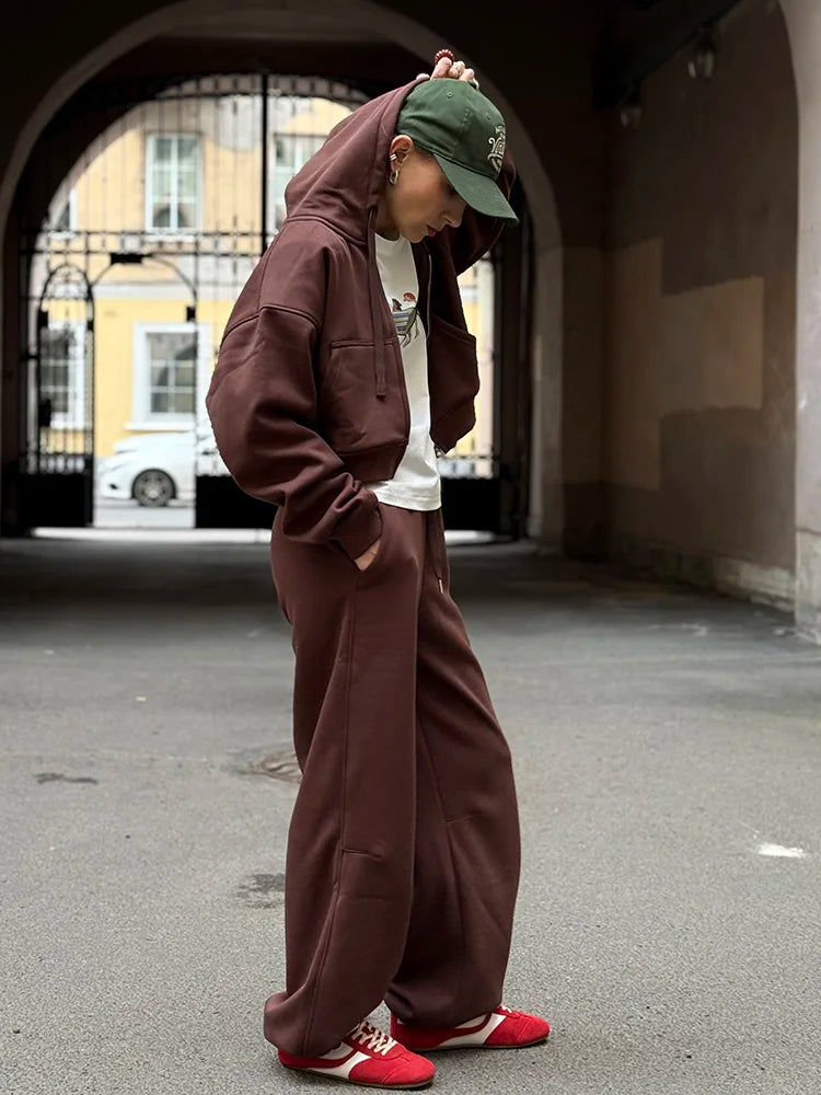 Women Tracksuits Winter Fleece Sweatsuit Brown Warm Crop Zipper Hoodies And Sweatpants Set For Women 2 Piece Velvet Pants Sets