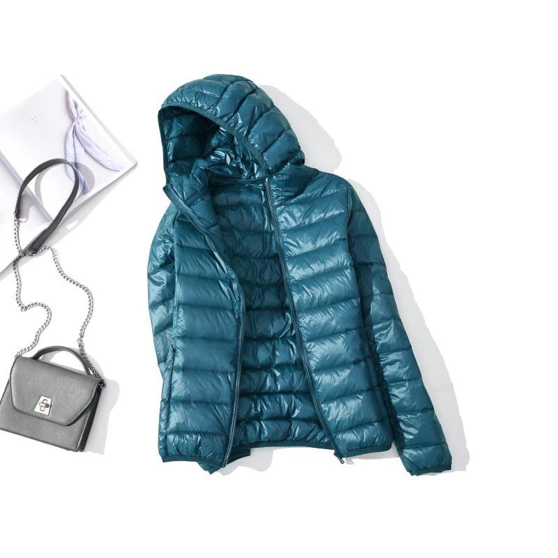 2022 Duck Ultra Light Down Jacket Women Winter Goose Feather Coat Thin Slim Warm Parka Hooded Outerwear Double Side Wear