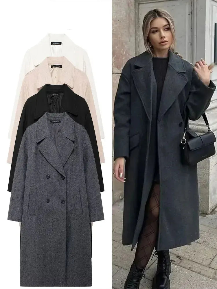 Winter Coat For Women 2024 Solid Lapel Double Breasted Long Cardigan Top Female Pokcet Streetwear Woman New In OuterCoat