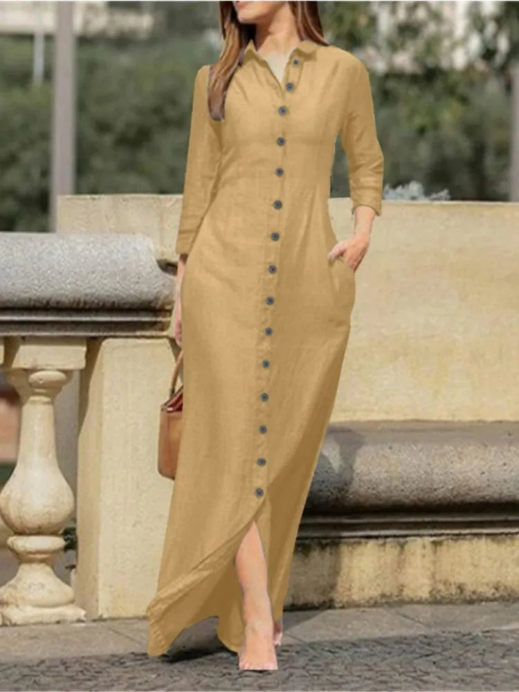 Autumn Women's Clothing Style Elegant Fashionable Neutral Style Long Sleeved Lapel Cardigan Solid Color Long Cotton Linen Dress