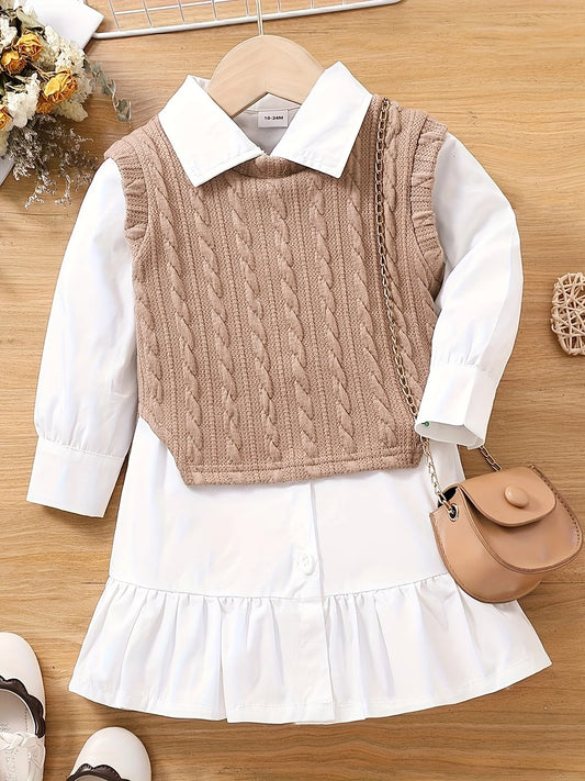 Girls Fashionable Casual Two-Piece Shirt Dress + Vest Suitable for 18 Months - 6 Years Old