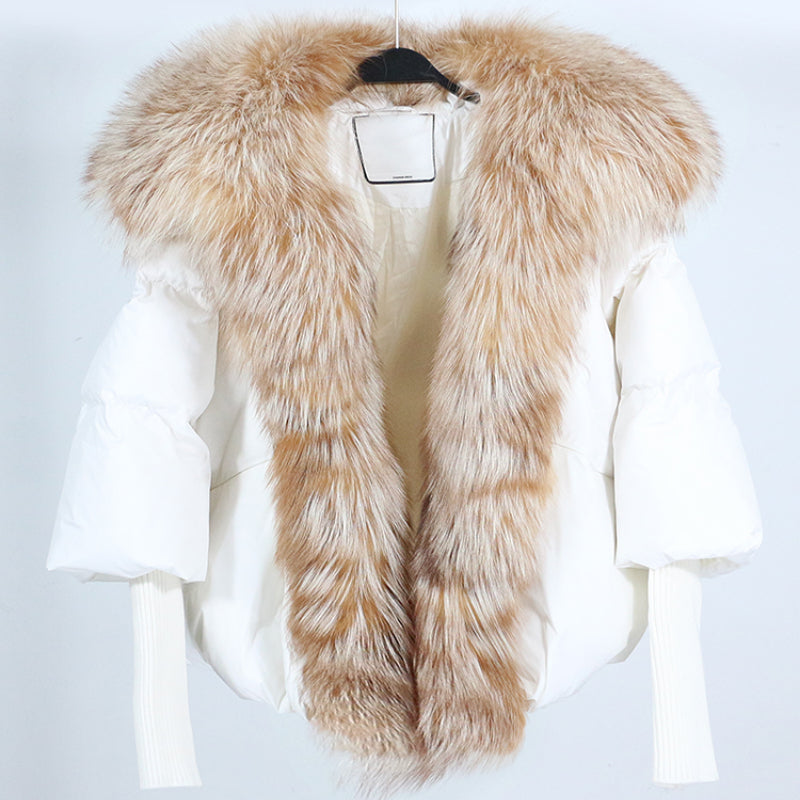OFTUBY 2023 White Duck Down Jacket Winter Women Warm Loose Coat Natural Real Fox Fur Collar Thick Luxury Outerwear New Fashion
