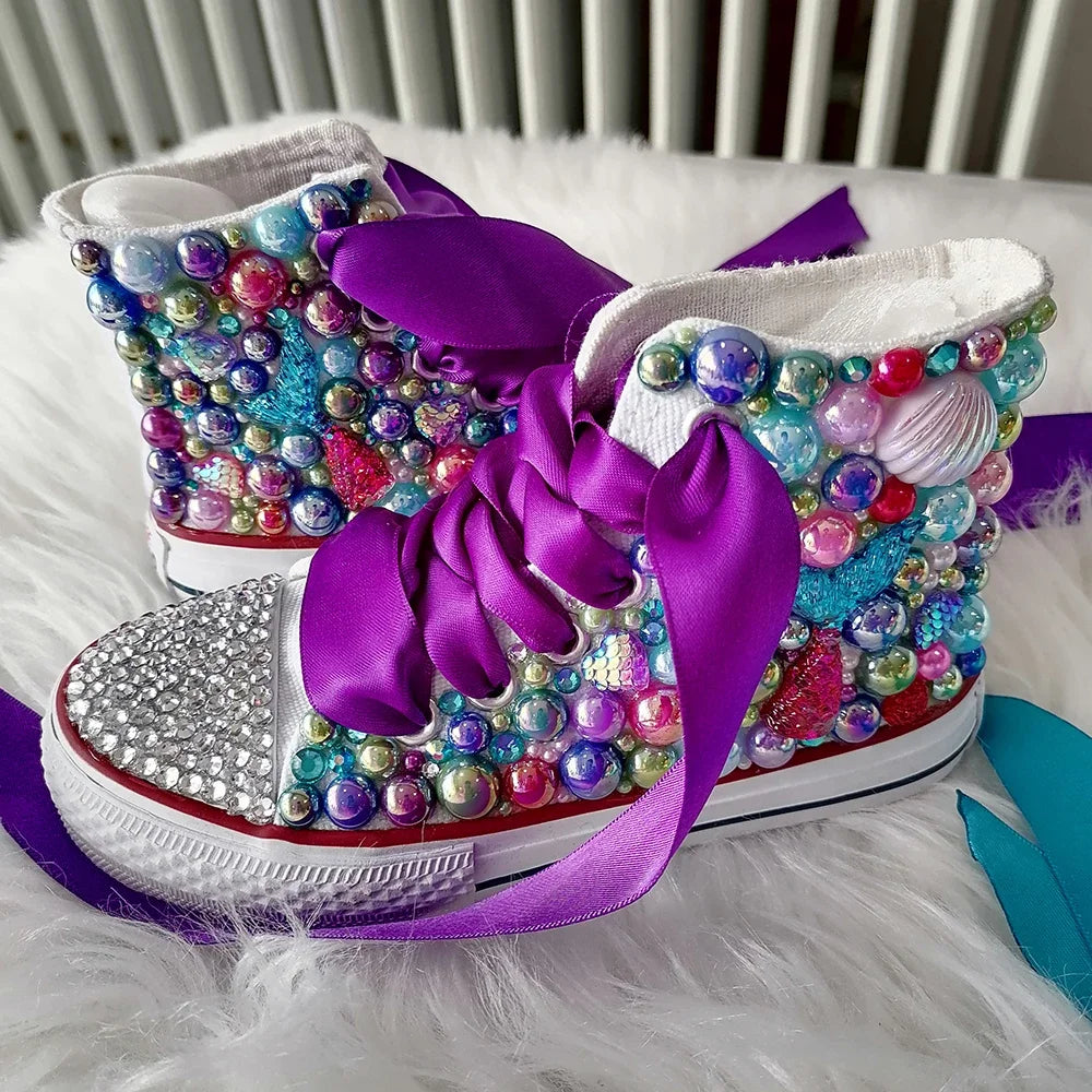 Handmade Rhinestones Bling Girls Womens Kids And Mother Candy Canvas Shoes Pearls Sneakers For Girl Birthday Party Wedding