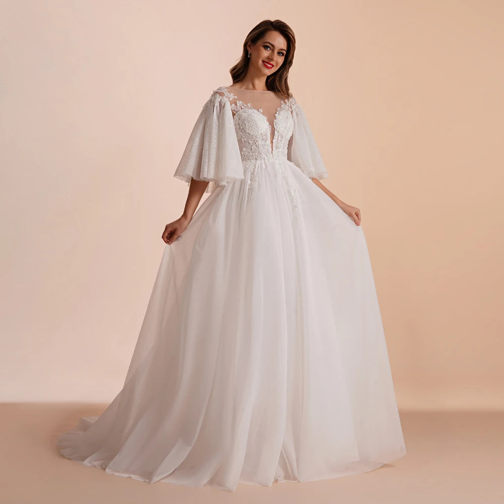 BEPEITHY Customized Scoop Long Sleeves Beading Bodice Wedding Dresses 2023 For Women Bride A Line Floor Length Bridal Party Gown