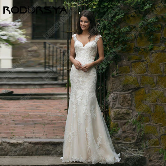 RODDRSYA Lace Mermaid Wedding Dresses Appliques V Neck Bride Gown Cap Sleeve Boho Bridal Dress Customized vestidos de novia