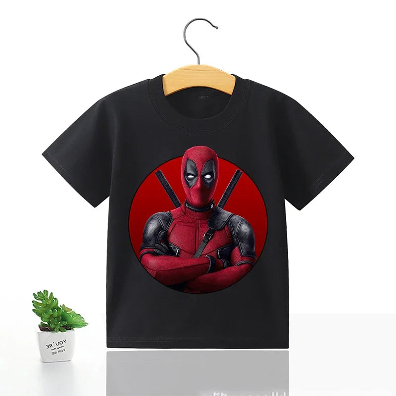 Deadpool & Wolverine Black T-shirt  Summer Pop Clothing Cartoon Round Neck Loose Marvels Movie Character Children Birthday Gift