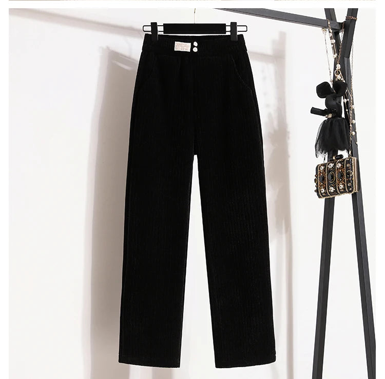 New 2024 Winter Pants For Women Thick Velvet High Elastic Waist White Or Black Chenille Pants Women Streetwear Wide Leg Trousers